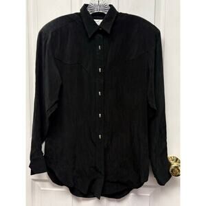 Longhorn Shirt Vintage Western Black Silver Buttons Shoulder Pads Womens S USA